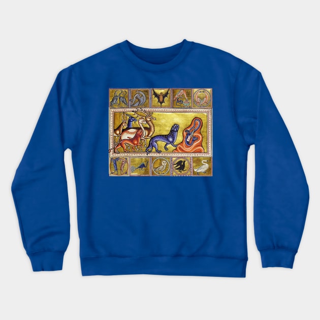 MEDIEVAL BESTIARY,DEERS,GOAT,CAMEL PANTHER,SNAKE DRAGON,FANTASTIC ANIMALS IN GOLD RED BLUE COLORS Crewneck Sweatshirt by BulganLumini